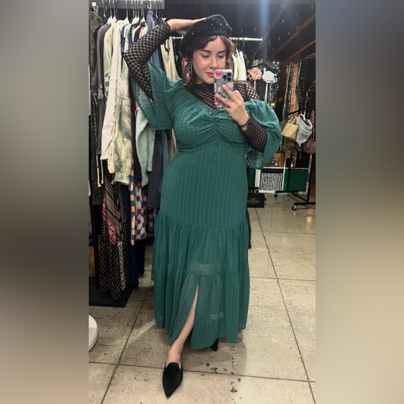 🟠 97B. Swiss Dot Ruched Bodice Open Back Tiered Midi Dress - Green - Picture 9 of 9